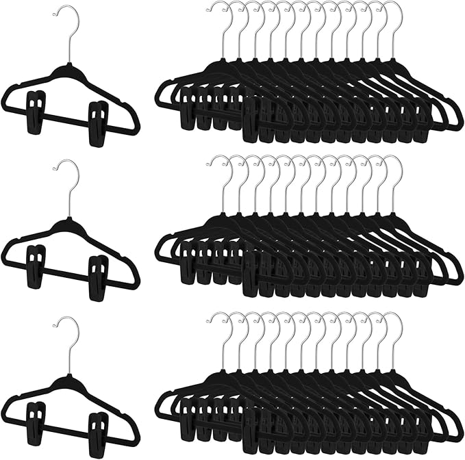 Soaoo 50 Pcs Baby Velvet Non-Slip Hangers with Clips,100 Clips for Pants & Skirts, Space-Saving Kids Children Clothes Hangers for Nursery Closet Organization(Black)