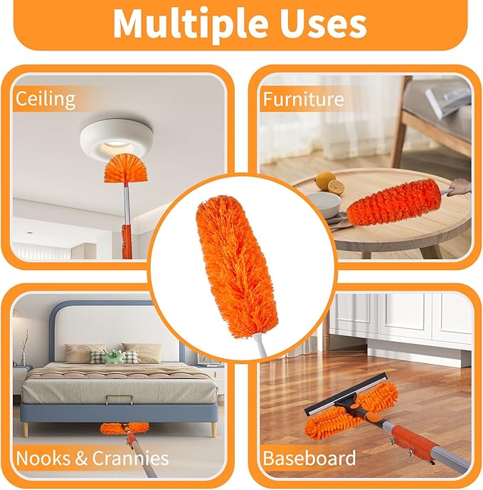 4-24 Foot Window Washing Kit with Extension Pole, Long Window Squeegee with Microfiber Scrubber, Window Cleaner Tool for Ceiling Fan, Furniture, Home (Feather Duster & Ceiling Fan Duster)