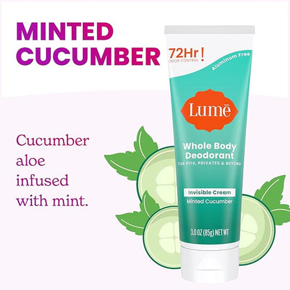 LUME Whole Body Deodorant - Invisible Cream Tube - 72 Hour Odor Control - Aluminum Free, Baking Soda Free, Skin Safe - 3.0 ounce (Pack of 2) (Minted Cucumber)