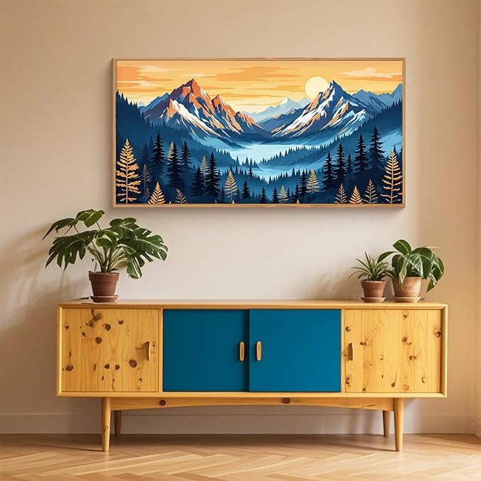 HLNIUC Boho Abstract Blue Orange Mountain Wall Art Framed, Large Pine Tree Ridge Wall Decor (20"x40"), Sunset Forest Landscape Canvas Painting, Nature Prints for Living Room, Bedroom, Office