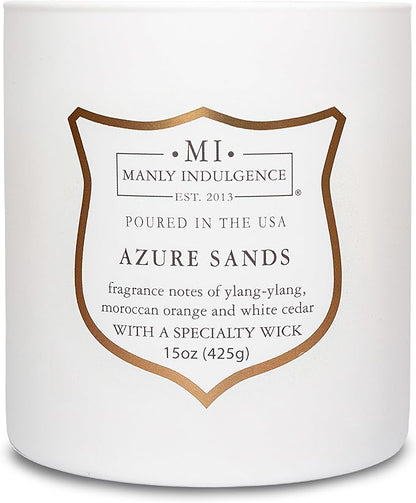 Manly Indulgence Azure Sands Scented Candles for Men, 15 oz Wooden Wick, Premium Soy Blend Wax, 60H Burn, Candles for Home Scented - Made in The USA