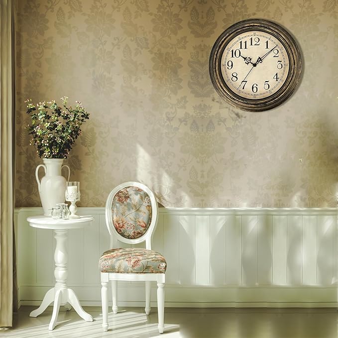 Plumeet Small Retro Wall Clock, 10'' Non Ticking Classic Silent Vintage Wall Clocks Decorative Kitchen Living Room Bedroom - Battery Operated