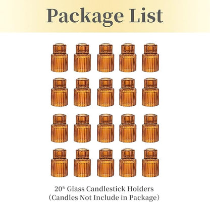 Hewory Glass Taper Candle Holders: 20 PCS Amber Elegant Candle Holder Candlestick Holders Bulk, Ribbed Glass Candle Holder Candle Sticks Holder Decor for Table Centerpiece Fall Thanksgiving Home Decor
