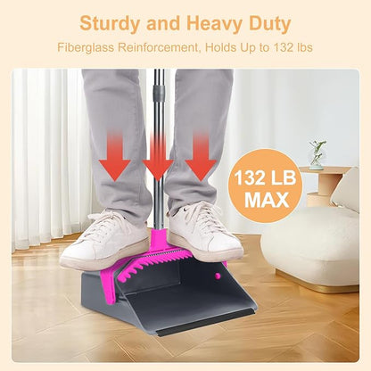Stand Up Broom and Dustpan Set, Sturdy and Adjustable Dustpan with 51'' Long Handle, Heavy Duty Broom with Standing Dust Pan for Kitchen Garage Looby Pet Dog Hair - Rose Red