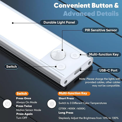 Motion Sensor Under Cabinet Lights, 2500mAh 12inch Battery Operated Wireless Under Counter Lights Indoor, Magnetic 108-LED Dimmable Closet Lights for Kitchen with 3 Color Temperature, 3 Packs