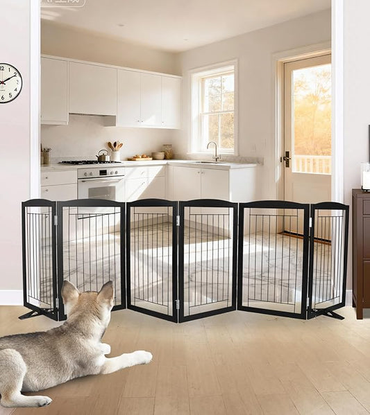 ZJSF Freestanding Dog Fence Indoor, Foldable Dog Gate for Doorways, Stairs or Hallways, Sturdy Wood Extra Wide Pet Gate with Support Feet for The House, Black, 32 "Height-6 Panels
