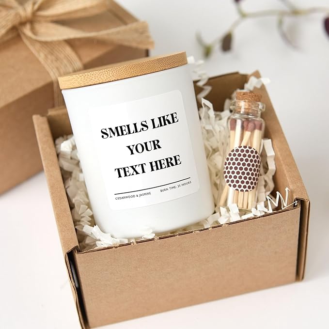Custom Candle | Smells Like Your Text Here | Personalized Candle with Gift Box and Mini Matches-White/Unscented