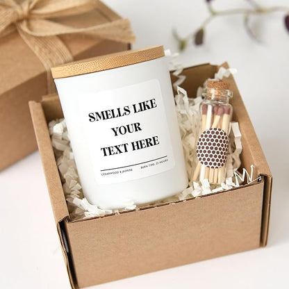 Custom Candle | Smells Like Your Text Here | Personalized Candle with Gift Box and Mini Matches-White/Unscented