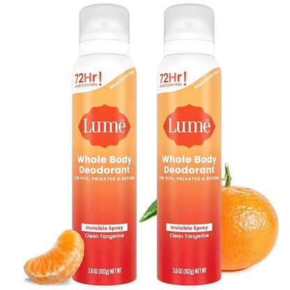 Lume Invisible Spray Deodorant For Women - Whole Body Deodorant Spray - 72 Hr Odor Control - Ozone Friendly, Natural Propellant - Aluminum & Baking Soda Free, Skin Loving - 3.6 ounce (Clean Tangerine)