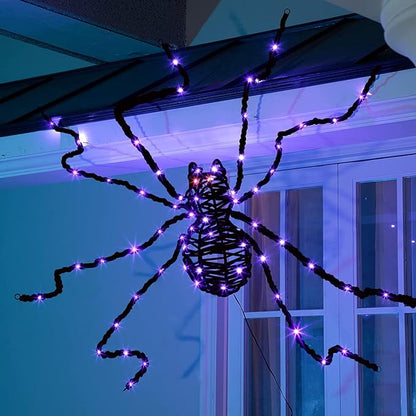 EAMBRITE Halloween Decorations Outdoor 5FT Bendable Scary Giant Spider with 83LT Purple Lights Black Fake Spider for Halloween Indoor Outdoor Yard Home Parties Creepy Décor