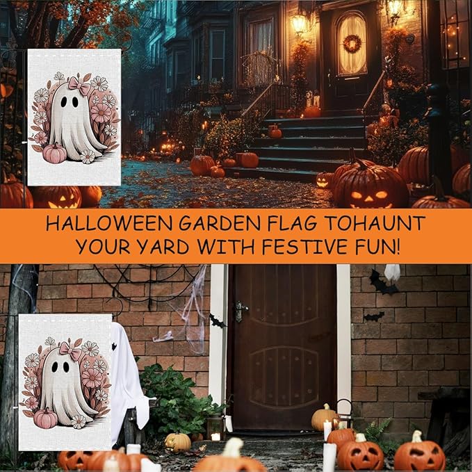 Fokongna Pink Halloween Decor Garden Flag, Pink Halloween Ghost Decor, 12x18 Inch Burlap Vertical Double Sided Flags, for Home Yard Outside Decorations