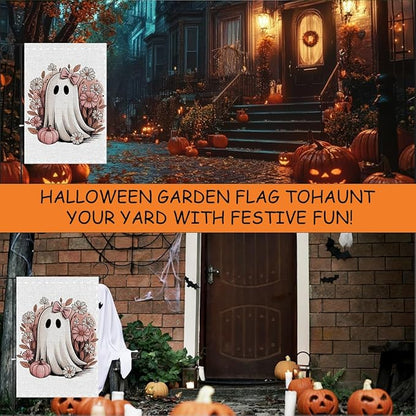 Fokongna Pink Halloween Decor Garden Flag, Pink Halloween Ghost Decor, 12x18 Inch Burlap Vertical Double Sided Flags, for Home Yard Outside Decorations