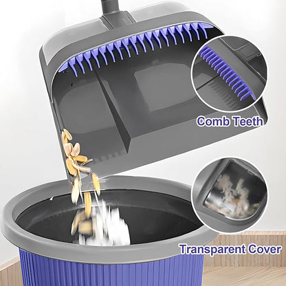 Collapsible Broom with Dustpan Combo, 54 Inch Long Handle Soft Bristle 180 Degree Swivel Brush Indoor Outdoor Kitchen Lobby Dorm Room Classroom, Small Vertical Dustpan with Combing Teeth