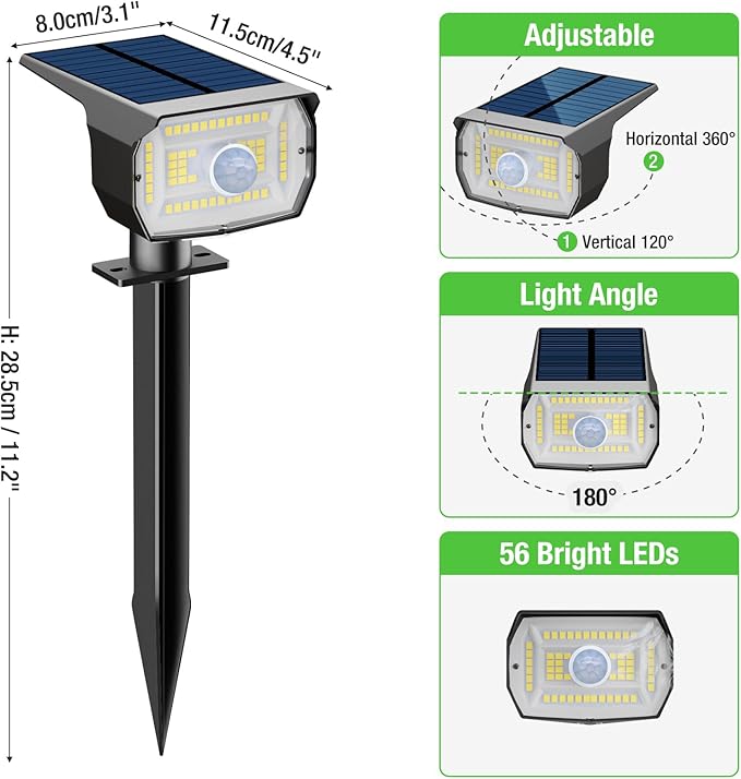Solar Spot Lights Outdoor Motion Sensor with 3 Modes, [ 8 Pack/56 LED ] Solar Spotlights Outdoor Waterproof 2-in-1 Auto On/Off Landscape Lighting for Outside Yard Wall Garden Pathway, Warm White