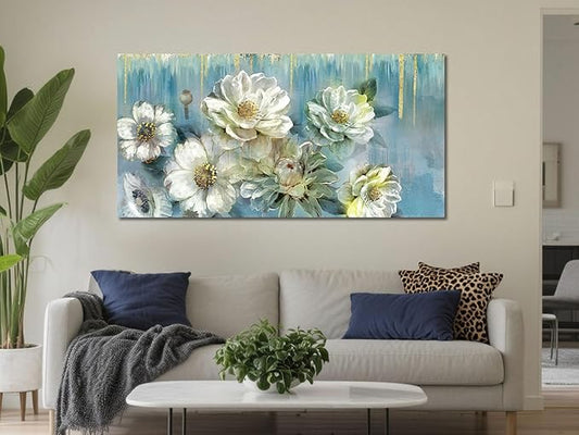 Ardemy Floral Canvas Wall Art for Living Room Large Magnolia White Flowers Teal Pictures Wall Decor Textured Painting ModernTurquoise Artwork Bathroom Bedroom Dining Room Home Office, 40"x20"