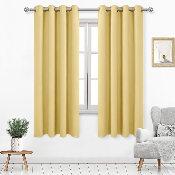 DWCN Room Darkening Blackout Curtains, Thermal Light Blocking Drapes for Bedroom Living Room - W52 x L63 Inch Length, Set of 2, Light Yellow