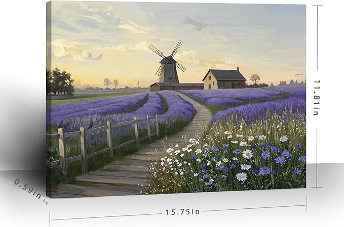 amatop Purple Canvas Wall Art for Bathroom Bedroom Farmhouse Lavender Floral Art Print Countryside Landscape Picture Daisy Flowers Small Nature Scenic Rustic Artwork Entryway Hallway 16x12 In