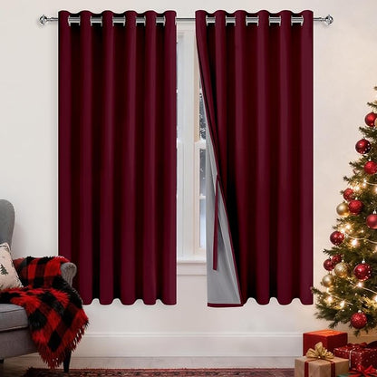 XWZO 100% Blackout Curtains with Tiebacks- 2 Thick Layers Completely Shaded Window Treatment Thermal Insulated Lined Drapes with Grommets for Bedroom/Party, Burgundy, W70 x L63, Set of 2 Panels