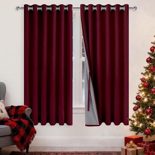 XWZO 100% Blackout Curtains with Tiebacks- 2 Thick Layers Completely Shaded Window Treatment Thermal Insulated Lined Drapes with Grommets for Bedroom/Party, Burgundy, W70 x L63, Set of 2 Panels