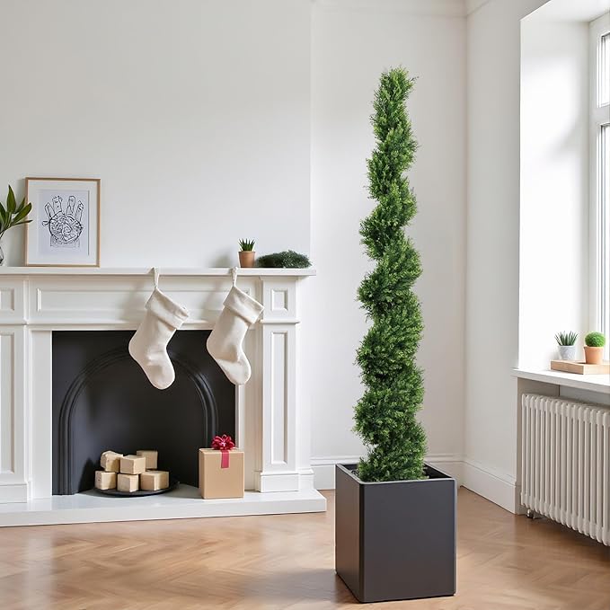 THE BLOOM TIMES 6ft Spiral Artificial Topiary Trees Set of 2, 71 inch Faux Cedar Trees for Outdoor Planters - Fake Twist Cypress Plants for Garden Front Porch Indoor Outside Christmas Decor 6 Foot