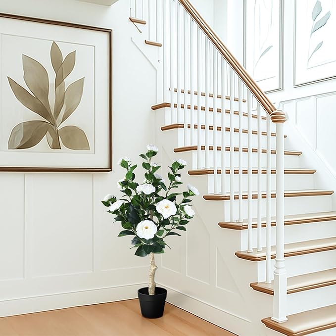 3FT Artificial Camellia Tree, 1 Pcs Fake Camellia Tree Artificial Tree, Faux Floral Plants in Cement Pot, Greenery Potted Plant for Indoor Outdoor Home Office Porch Decor (White)