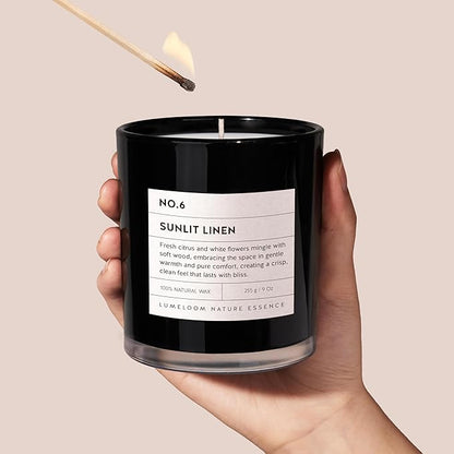 Sunlit Linen Luxury Scented Candles, 9oz Soy Wax Candles for Home Scented, Linen, Jasmine, White Lemon, Wood Scent, Long Burning Time, Gifts for Women, Friends, Men, Sister, Housewarming
