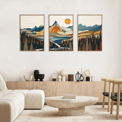 HLNIUC Large Sunset Mountain Framed Wall Art,Boho Forest Pine Tree Canvas Wall Decor Set of 3(16”X24”) Blue and Orange Landscape Art Print,Colorful Mountain Lake Wall Painting for Living Room,Bedroom