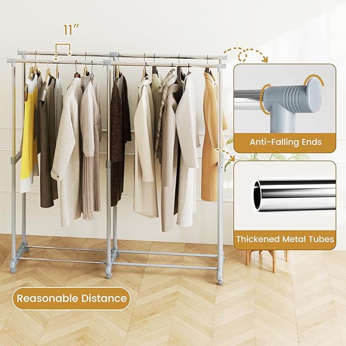 Tangkula Extendable Double Rods Garment Rack, Rolling Clothing Organizer with Adjustable Height & Width, Portable Closet Rack with Wheels, Heavy Duty Foldable Metal Clothes Rack for Bedroom & Laundry
