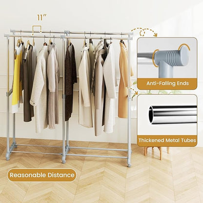 Tangkula Extendable Double Rods Garment Rack, Rolling Clothing Organizer with Adjustable Height & Width, Portable Closet Rack with Wheels, Heavy Duty Foldable Metal Clothes Rack for Bedroom & Laundry