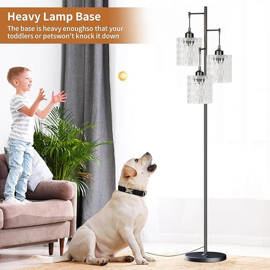 Black Floor Lamp for Living Room Bedroom,Mid Century Modern Floor Lamps with Transparent Glass Shades,3 Lights Vintage Tree Floor Lamps for Corner Office,68IN Tall Standing Lamp Bulbs Included