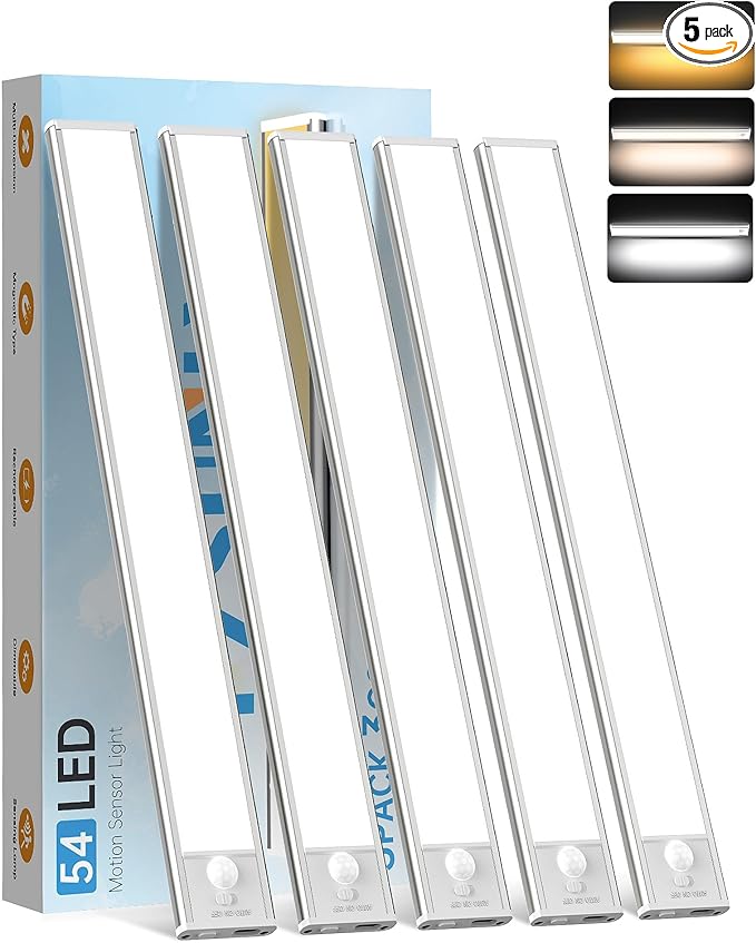Under Cabinet Lighting,54 LED 1800mAh Rechargeable,Motion Sensor Light,3 Colors Dimmable,Magnetic Closet Lights,Indoor Night Lights for Kitchen Bedroom Stairs 5 Pack