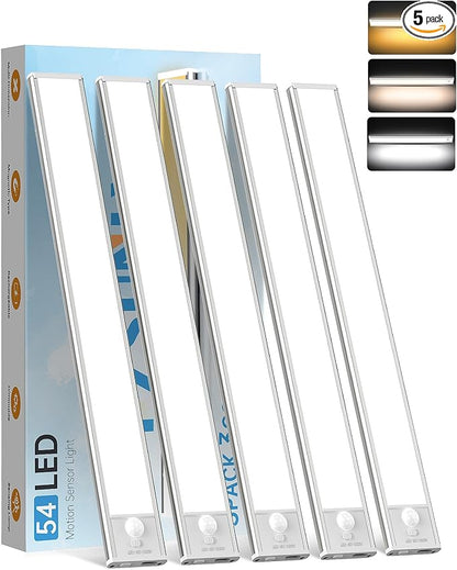 Under Cabinet Lighting,54 LED 1800mAh Rechargeable,Motion Sensor Light,3 Colors Dimmable,Magnetic Closet Lights,Indoor Night Lights for Kitchen Bedroom Stairs 5 Pack