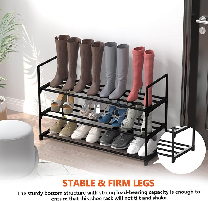 3 Tiers Metal Shoe Rack,Adjustable Shoe Shelf Storage Organizer,Stackable Boot & Shoe Storage,for Entryway,Hallway,Closet,Black
