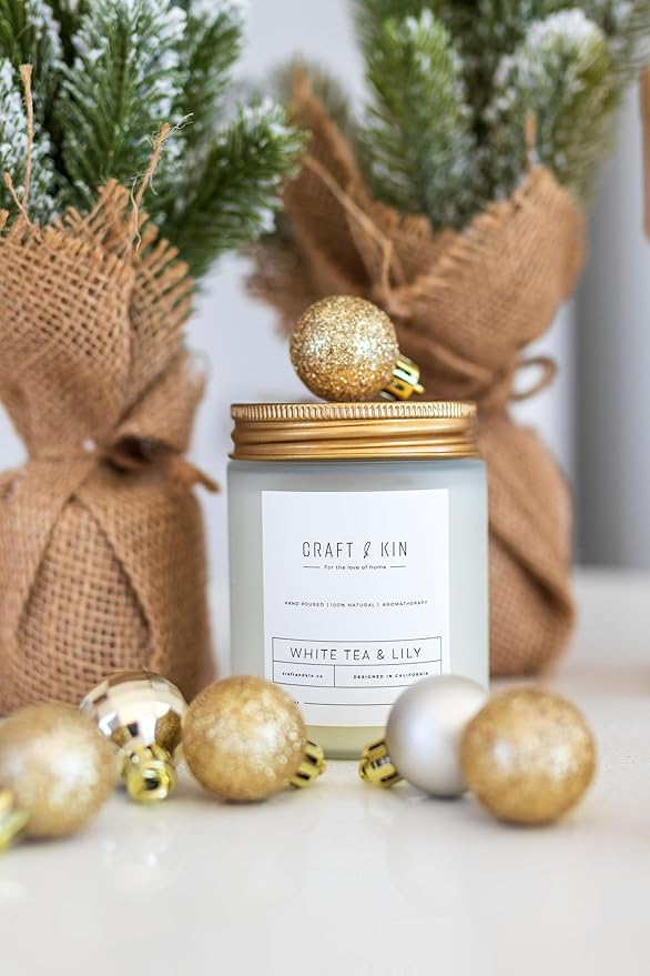 Craft & Kin White Tea & Lily Scented Candle | 8 Oz 45 Hour Long Lasting | Classic Soy Scented Woodwick Holiday Candles | Made with Natural Soy | Winter Candles Gifts for Men and Women