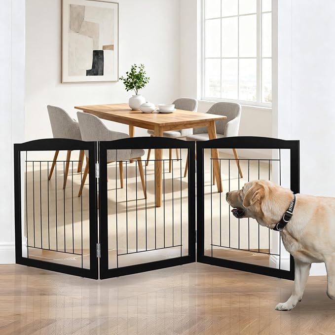 ZJSF Freestanding Foldable Dog Gate for House Extra Wide Wooden Black Indoor Puppy Gate Stairs Doorways Pet Gate Tall Dog Fence 3 Panels Fence