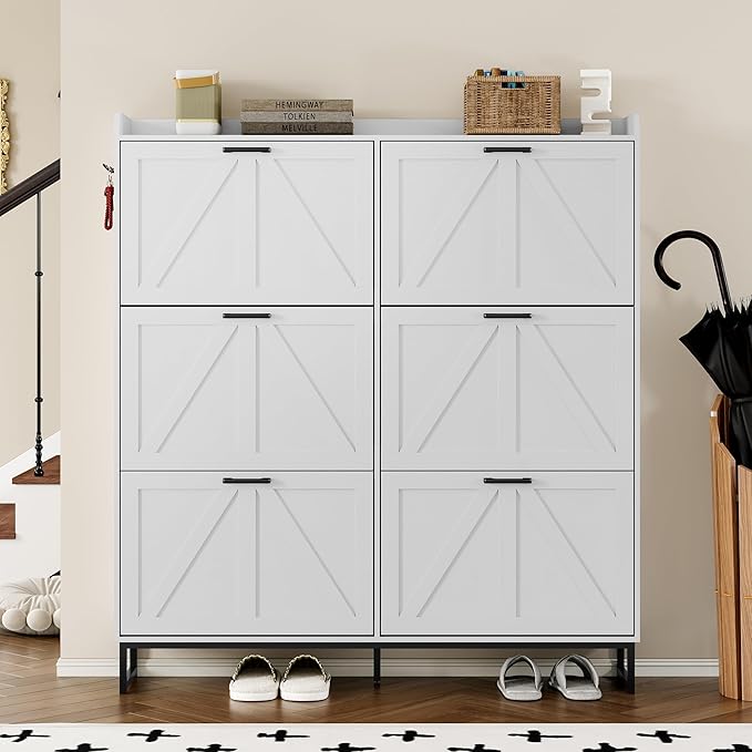 Shoe Cabinet with 6 Flip Drawers Narrow Shoe Storage Cabinet Organizer Wooden Freestanding Shoe Rack Hidden Slim Shoes Storage Cabinet for Entryway, Hallway, Living Room, Bedroom