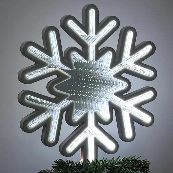 MEETYAMOR Christmas Tree Topper, 10 Inches 200 LEDs Lighted White Snowflake Star Tree Topper, 3D Infinity Mirror Snow White Lights Sparkling Treetop Christmas Decorations, Winter Xmas Decor Indoor