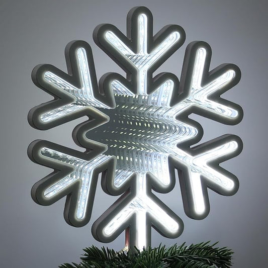 MEETYAMOR Christmas Tree Topper, 10 Inches 200 LEDs Lighted White Snowflake Star Tree Topper, 3D Infinity Mirror Snow White Lights Sparkling Treetop Christmas Decorations, Winter Xmas Decor Indoor
