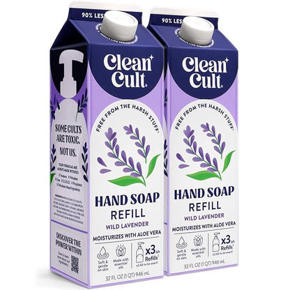 Cleancult Liquid Hand Soap Refills - Moisturizes Dry & Sensitive Skin - Made with Aloe Vera & Lavender Essential Oils - Wild Lavender - Eco Friendly - Paper-Based Packaging - 32 oz/2 Pack