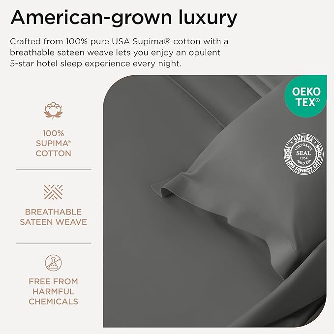 Threadmill Supima Cotton Sheets, 1000 Thread Count King Size, 4 Pc Luxury Bed Sheets Set, Hotel Quality Sateen Weave, Dark Grey with Elasticized Deep Pocket