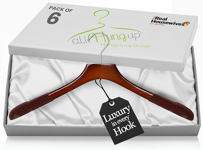 Premium Luxe Wood Coat Hangers, Wide Shoulder Wooden Jacket Hangers with Velvet Grip, Heavy Duty Luxury Hangers for Coats & Blazers, High Gloss Brown with Brown Velvet, 6 Pack