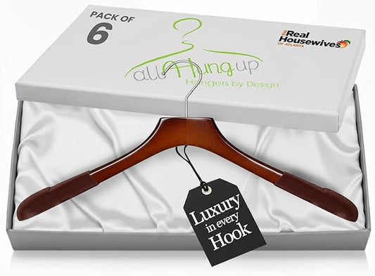 Premium Luxe Wood Coat Hangers, Wide Shoulder Wooden Jacket Hangers with Velvet Grip, Heavy Duty Luxury Hangers for Coats & Blazers, High Gloss Brown with Brown Velvet, 6 Pack