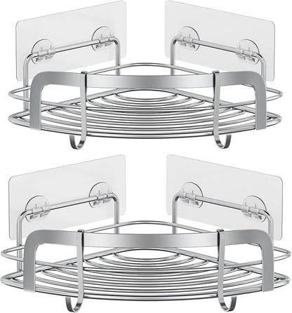 STEUGO 2 Pack Shower Caddy Corner, Bathroom Corner Shower Shelfs, Adhesive Wall Mounted Shower Caddy with 4 Movable Hooks, No Drilling Shower Shelf, Stainless Steel Silver.