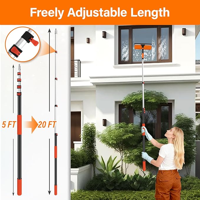 26FT High Reach Duster Cleaning Kit with 20FT Pole | 4-in-1 Tool Set with Universal Swivel Joint | High Ceiling Fan Cleaner, Microfiber Duster, & Window Squeegee for Safe High-Reach Cleaning