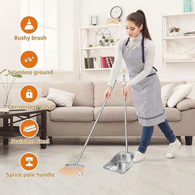 Stainless Steel Broom and Dustpan Set, Long Handle Floor Cleaning Tool & Home Cleaning Equipment, Heavy Duty Sweep Accessory for Living Room Bedroom Study Apartment Garage Bathroom Restaurant Office