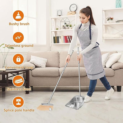 Stainless Steel Broom and Dustpan Set, Long Handle Floor Cleaning Tool & Home Cleaning Equipment, Heavy Duty Sweep Accessory for Living Room Bedroom Study Apartment Garage Bathroom Restaurant Office