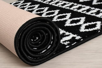 26 Ft Extra Long Non-Slip Black-White Hallway Kitchen Runner Rug, 2'7" X 26' Washable Carpet - Rubber Backed, Custom Length Floor Mat for Entryway Stairs Bedroom Bathroom Mudroom