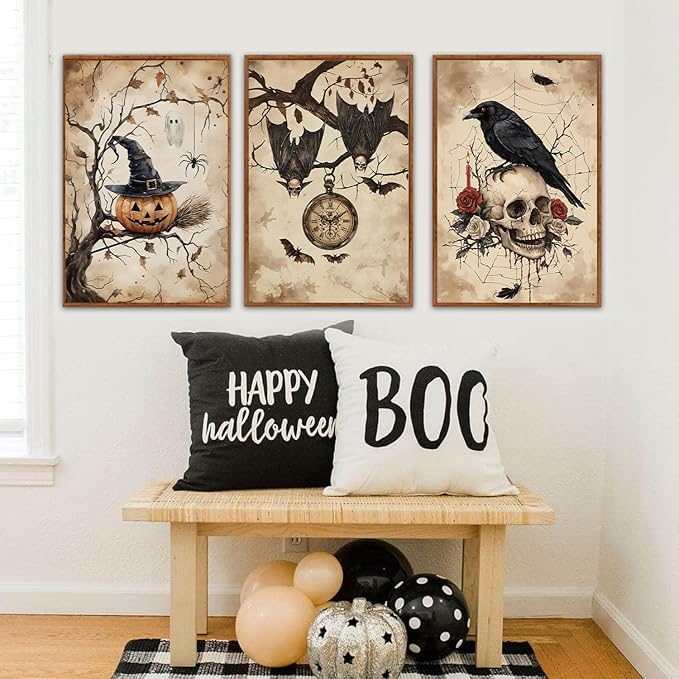 HLNIUC Vintage Halloween Decor Framed Gothic Skull Wall Art Set of 3(16”x24”) Floral Raven Crow Wall Decor,Horror Pumpkin Dark Academia Canvas Painting Bats Prints for Living Room Bedroom Goth Party