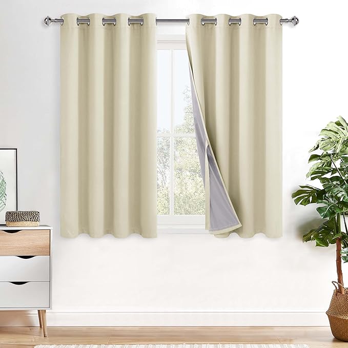XWZO Total Blackout Curtains 45 Inches Long - Double Layer Full Room Darkening & Energy Efficiency Grommet Window Panels with Tiebacks, Beige, W52 x L45, Set of 2
