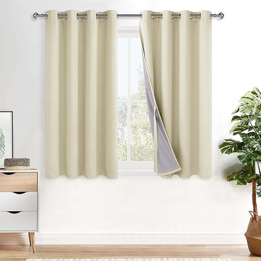XWZO Total Blackout Curtains 45 Inches Long - Double Layer Full Room Darkening & Energy Efficiency Grommet Window Panels with Tiebacks, Beige, W52 x L45, Set of 2
